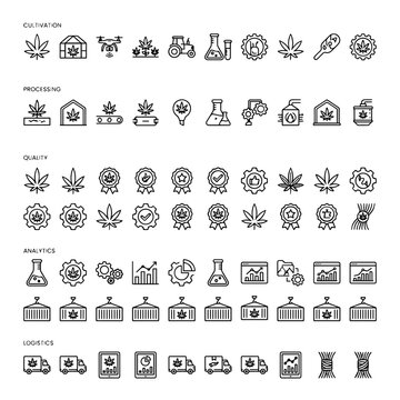 Cannabis Industry Line Icons Collection On White Background