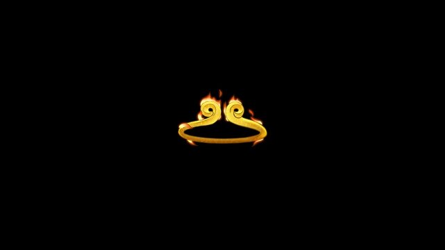Animated flame icon set. Four identical golden flame icons with swirling patterns on a black background. Seamless looping static motion video.