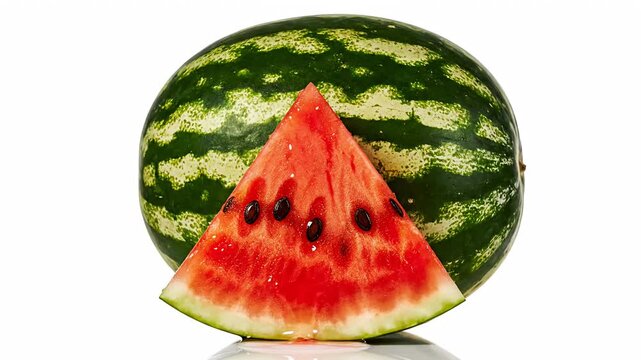 Whole striped watermelon and juicy red slice with water droplets.