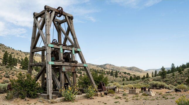 Abandoned timber mine headframe in a hilly landscape. Historic wooden mining structure with rusty gears and pulleys. Western gold rush heritage concept