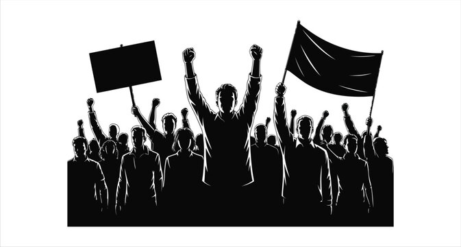 Protest Crowd with Blank Sign and Flag Silhouette