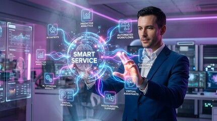 Obraz premium Man Interacting With Holographic Data Display Futuristic Business Technology