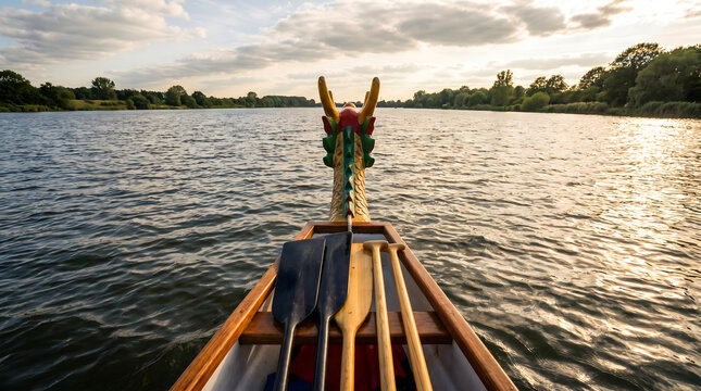 Dragon boat prow with oars gliding on water under sunset sky