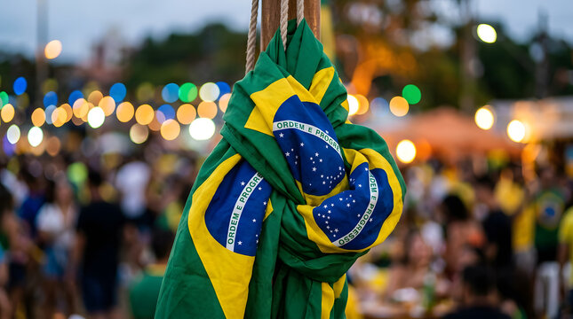 Vibrant brazilian flag tied in a knot with a blurred crowd and colorful lights in the background at a festive event