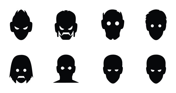 Eight Black Silhouette Faces, Diverse Expressions, Vector Icons for Avatars, Characters, and User Profiles