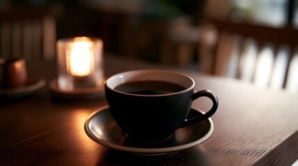 Fototapeta premium A close up shot of a dark coffee cup resting on a saucer in a warm intimate coffee shop setting