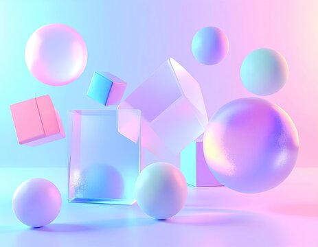 Abstract Geometric Shapes Floating in Pastel Gradient Light.