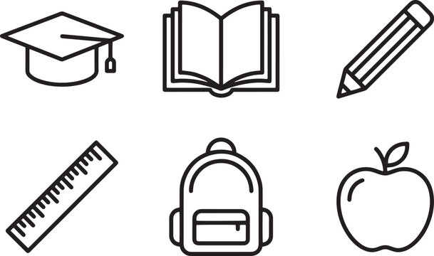Black and white school outline icons featuring a graduation cap, open book, pencil, ruler, backpack, and apple.
