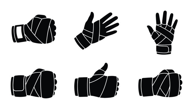 Boxing Hand Wraps Vector Icons Set, Martial Arts Training Gloves, Sports Protection Gear Illustrations, Combat Sports Equipment
