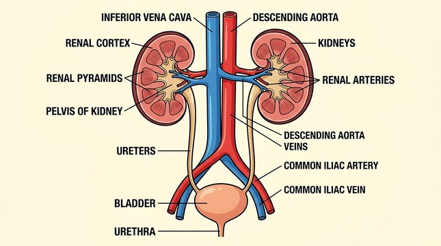 Human urinary system diagram with labeled kidneys ureters bladder urethra