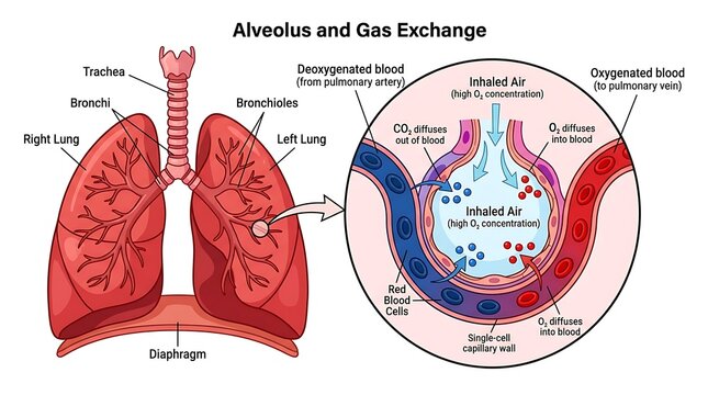 Alveolus and gas exchange diagram with lungs and bronchioles alveolus exchange