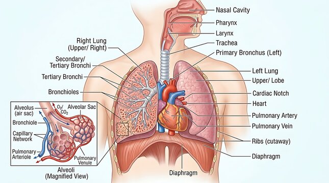 Human respiratory system anatomy and blood circulation diagram with respiratory
