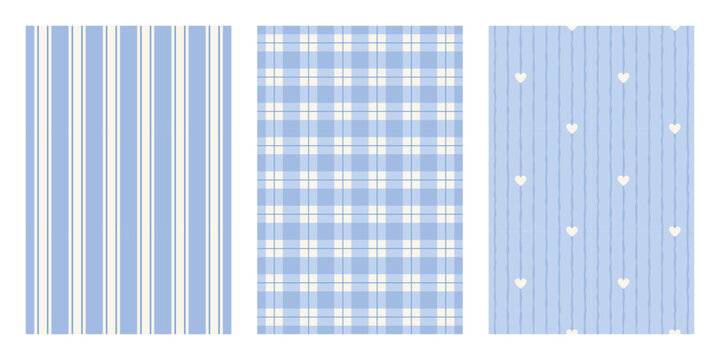 Set of blue classic tablecloth seamless pattern. Traditional checkered and striped backgrounds for kitchen fabric and textile. Pastel gingham pattern. Repeat wallpaper. Vector illustration