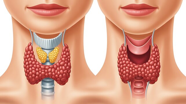 Medical illustration of thyroid gland with goiter and normal thyroid comparison