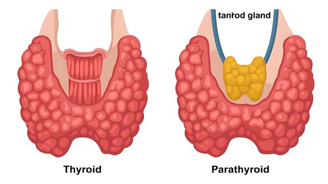 Medical illustration of thyroid and parathyroid glands anatomy with parathyroid