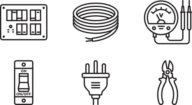 Professional electrical maintenance and installation icon set including tools like voltmeter circuit breaker power plug and coiled wire for design.