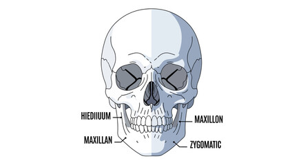 Human skull anatomy diagram with facial bone labels on white background © Dhiyak