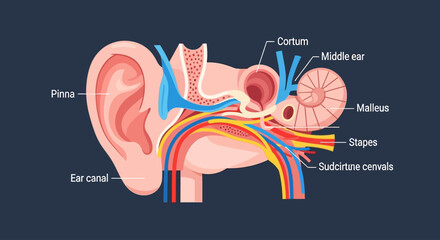 Educational vector illustration of human ear anatomy with labels © Dhiyak