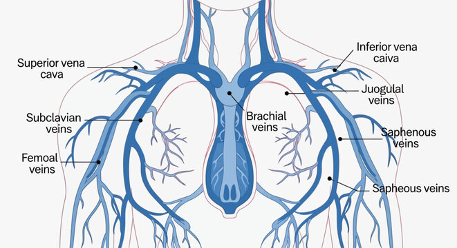Human venous system diagram showing major veins in the chest and arms