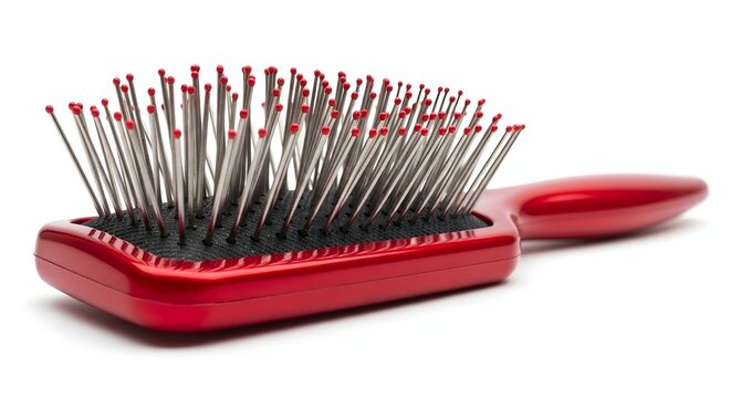 Red plastic hair brush with metal pins and spherical tips for grooming kit.