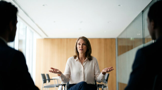Professional mediator facilitating a discussion in a bright meeting room with copy space