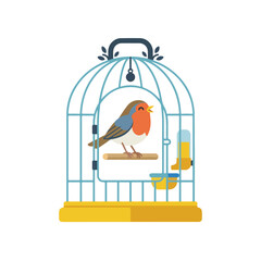 Fototapeta premium Bird in wire transport cage. Flat design vector illustration of pet bird in birdcage. Minimalist avian care and domestic pet graphic isolated on white background