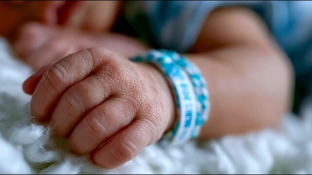 Close-up of a newborn baby hand with hospital ID bracelet resting on a soft blanket, symbolizing birth and neonatal care