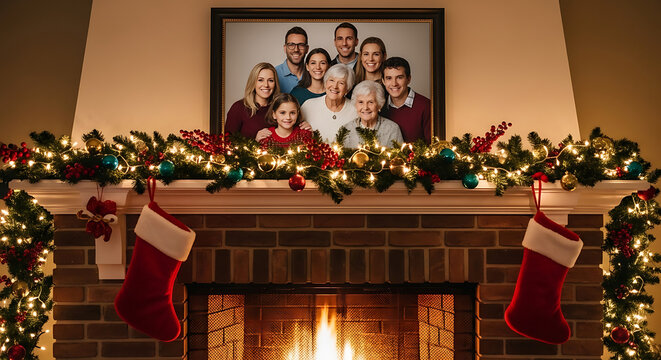 Family portrait sits above a brick fireplace decorated with glowing string lights and red stockings.