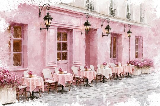 Charming pink Parisian cafe terrace with tables and chairs, floral decor