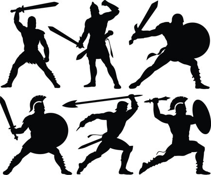 Ancient warrior black silhouette set featuring spartan gladiator and roman soldier characters in combat poses holding swords shields and spears isolated on white