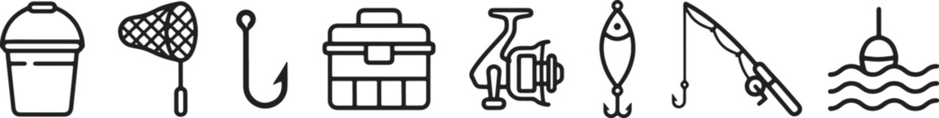 Fishing equipment and essential tackle gear black outline icons vector set © Open Expression