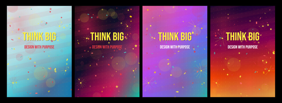 Vibrant motivational posters with colorful backgrounds and confetti, think big design with purpose