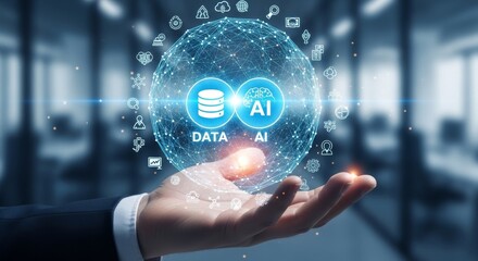 Fototapeta premium Business professional holding glowing AI and data analytics sphere in modern office