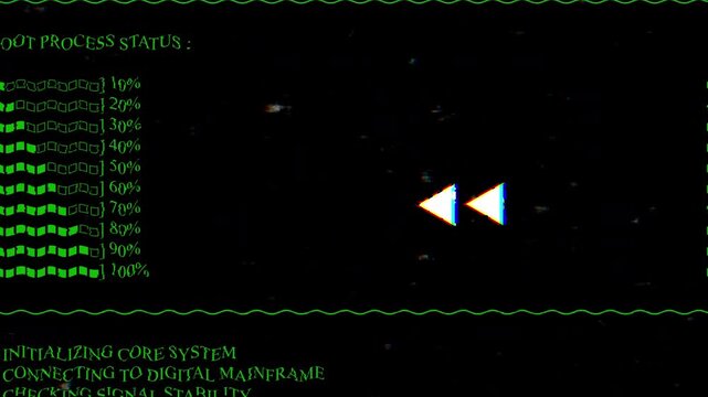 Chaotic lines of virus code running on a terminal, interspersed with flashing error messages and glitching animations.
