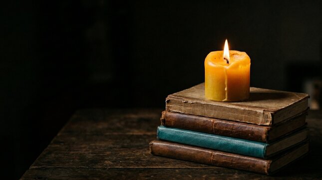 A lit candle rests on a stack of old books on a wooden table in dim lighting