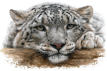 Fototapeta premium Close-up portrait of a snow leopard resting on a rock, white background