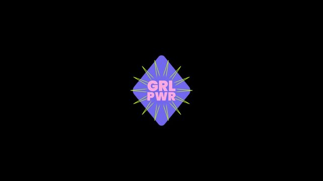 GRL PWR purple diamond icon set. Featuring four identical purple diamond shapes with pink text. Modern flat design icons for girl power and feminist themes.