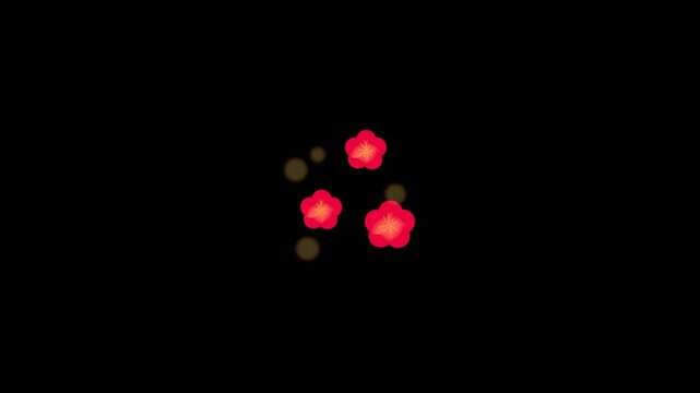 Animated cherry blossom icon set. Looping video of red flowers with yellow centers on a black background with bokeh lights. Seamless motion graphics for presentations.