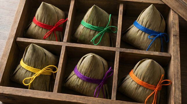 Traditional Chinese Zongzi with colorful strings in a wooden gift box for Dragon Boat Festival