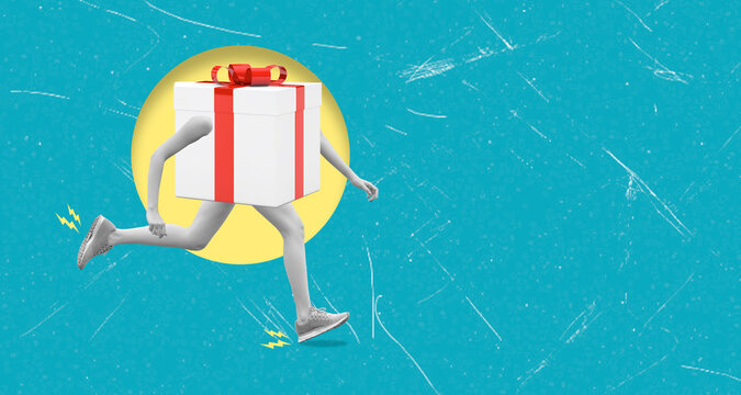 Art collage shows a running gift symbolizing the act of giving presents for birthdays or New Year celebrations