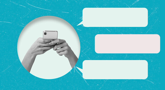 Art collage showing a hand holding a phone with empty text boxes illustrating messaging and conversation concepts in a clear visual style