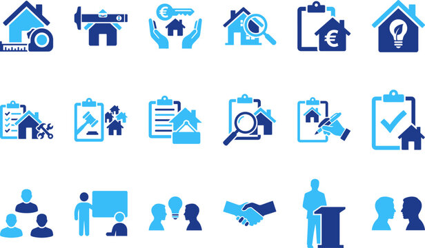Real estate and property icons representing buying, selling, and renting homes vector illustration.