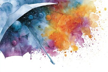 Fototapeta premium Watercolor umbrella with galaxy and planets, abstract colorful splash background