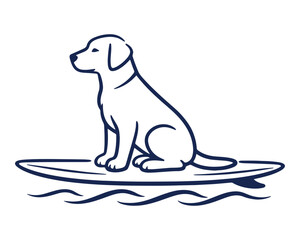 Fototapeta premium Minimalist navy blue line art of a dog on a surfboard, surfing labrador retriever vector illustration, coastal pet lifestyle graphic for summer apparel