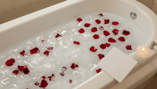 Romantic bathtub filled with water, foam, and red rose petals, featuring a lit candle and a blank white mockup card.
