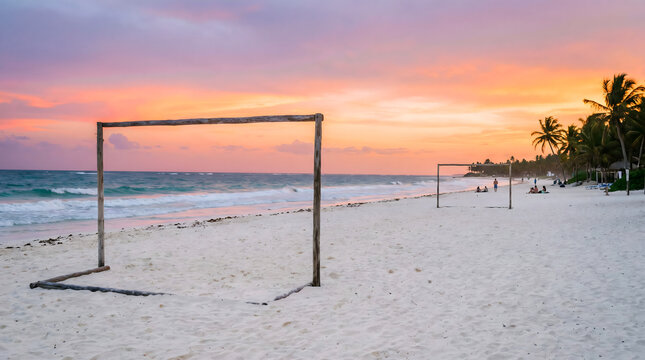 Soccer goal on beach with ocean waves during colorful sunset and palm trees in background