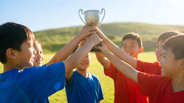 Young soccer players holding up a championship trophy together in celebration