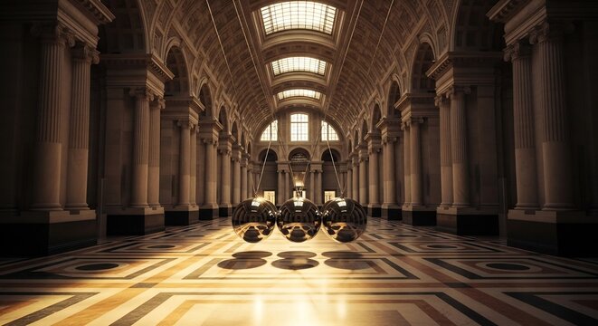 Reflective Metallic Spheres Resting in Grand Classical Hall with Sunlit Marble Floor