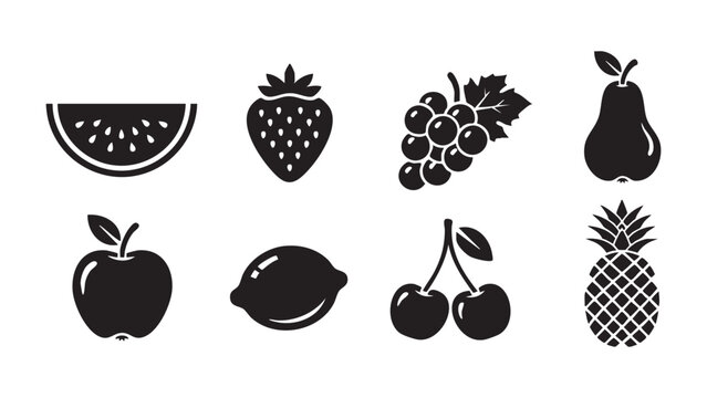 Fruit silhouette icon set featuring watermelon strawberry grapes pear apple lemon cherry and pineapple