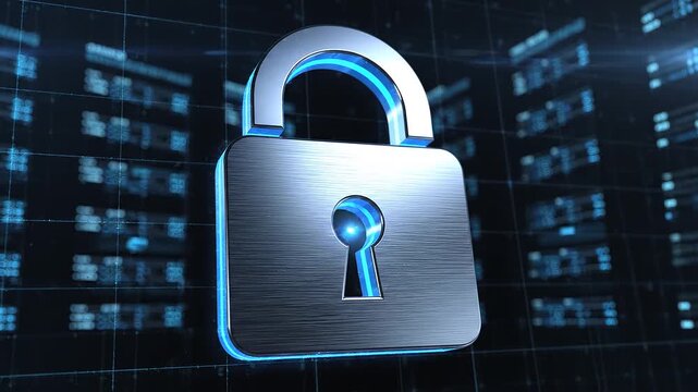 Secure digital data and information with a modern, futuristic, metallic padlock icon symbolizing cybersecurity and privacy
